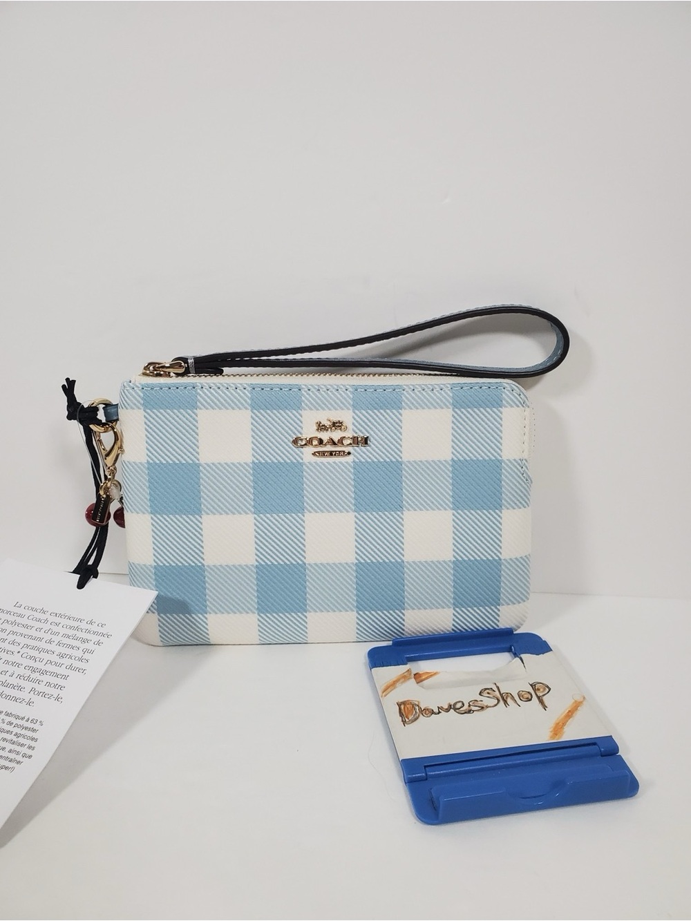 Coach Blue Gingham Wristlet Pouch with Cherry charm NWT